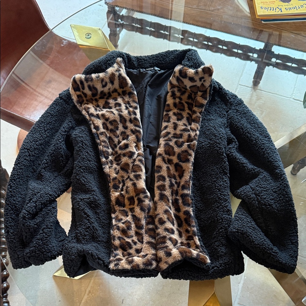 Black Faux Fur Jacket with Leopard Print Lining